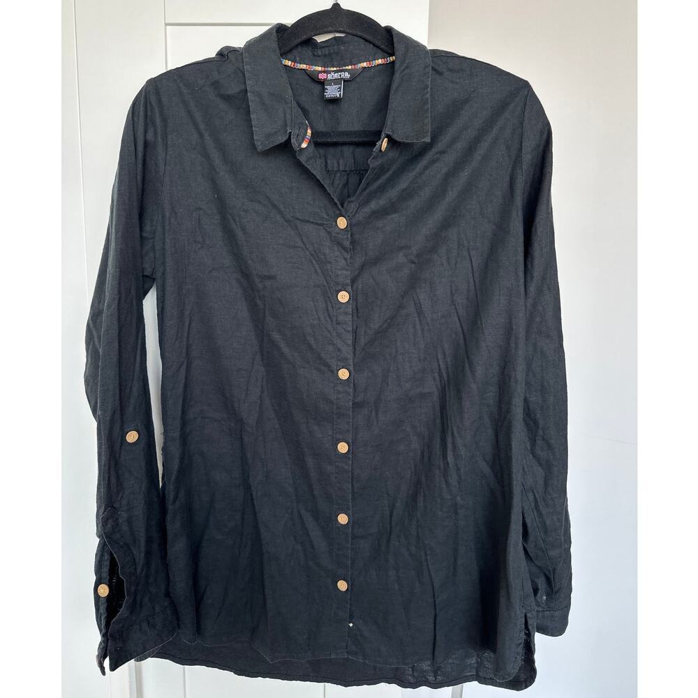 Sherpa Women's Black Hemp Blend Button-Up Roll Tab Sleeve Tunic Top, Size L, EUC - Picture 2 of 7